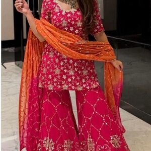 Elegant Pink and Orange Embroidered Salwar Suit